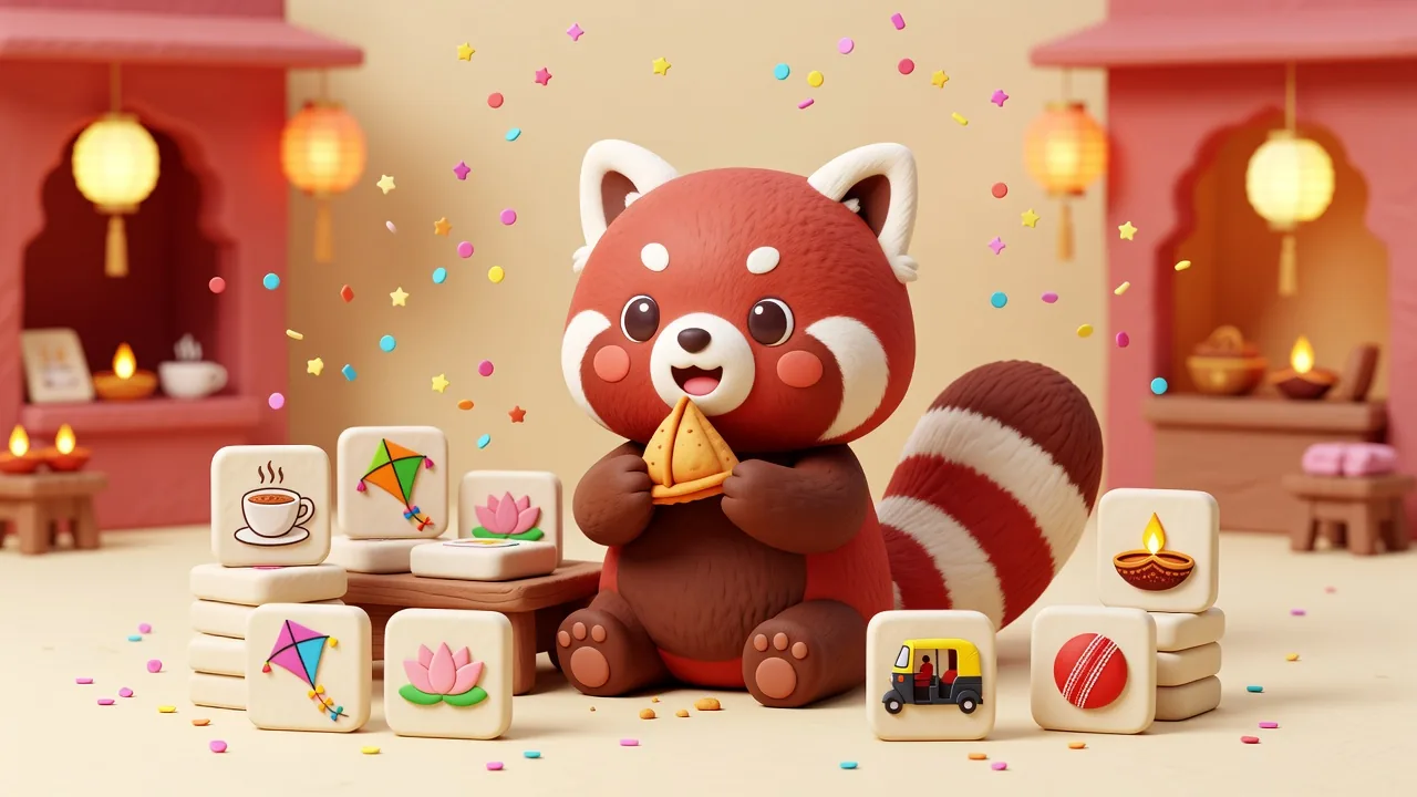 Mochi the red panda sitting beside a wooden tray surrounded by stacks of cream tiles with chai cups, kites and lotus flowers